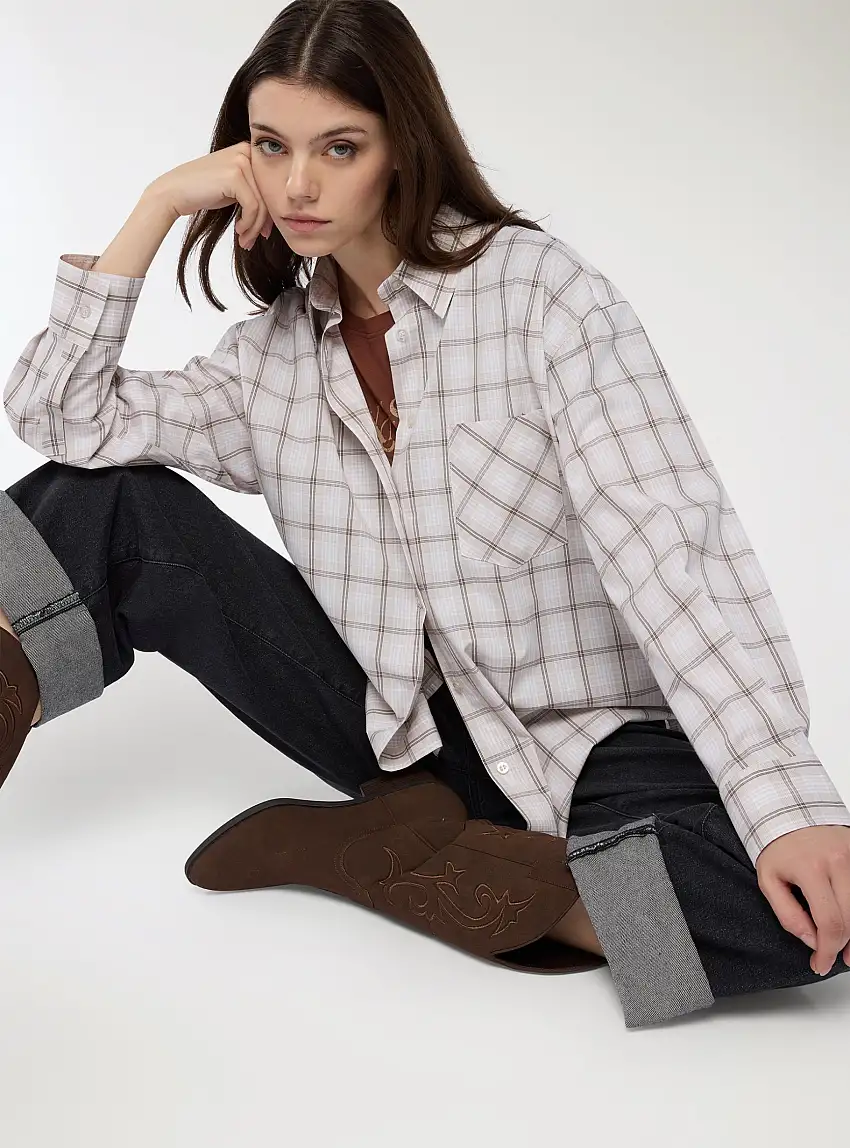 Camicia a quadri over con taschino Var beige