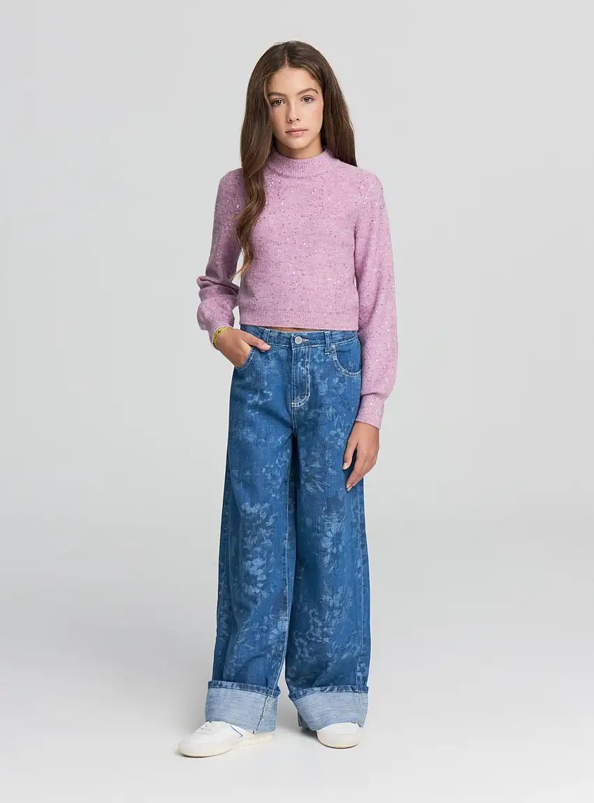 Jeans wide leg con stampa fiori Blu denim medio