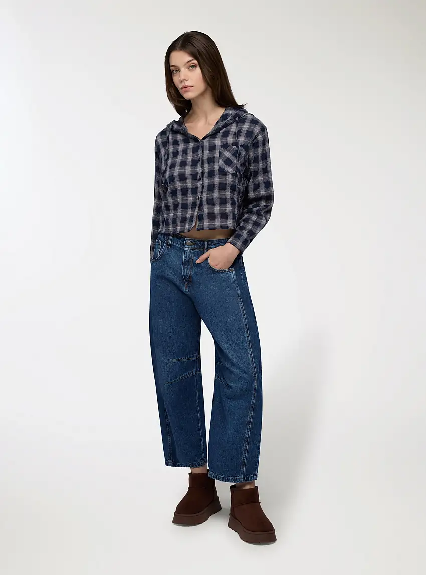 Jeans balloon con cuciture frontali Blu denim medio