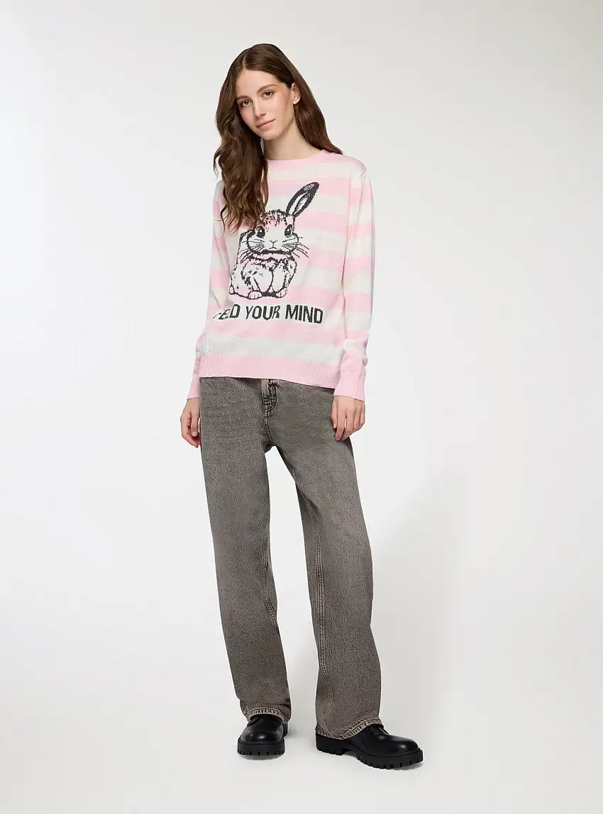 Maglia a righe con stampa coniglio Var rosa