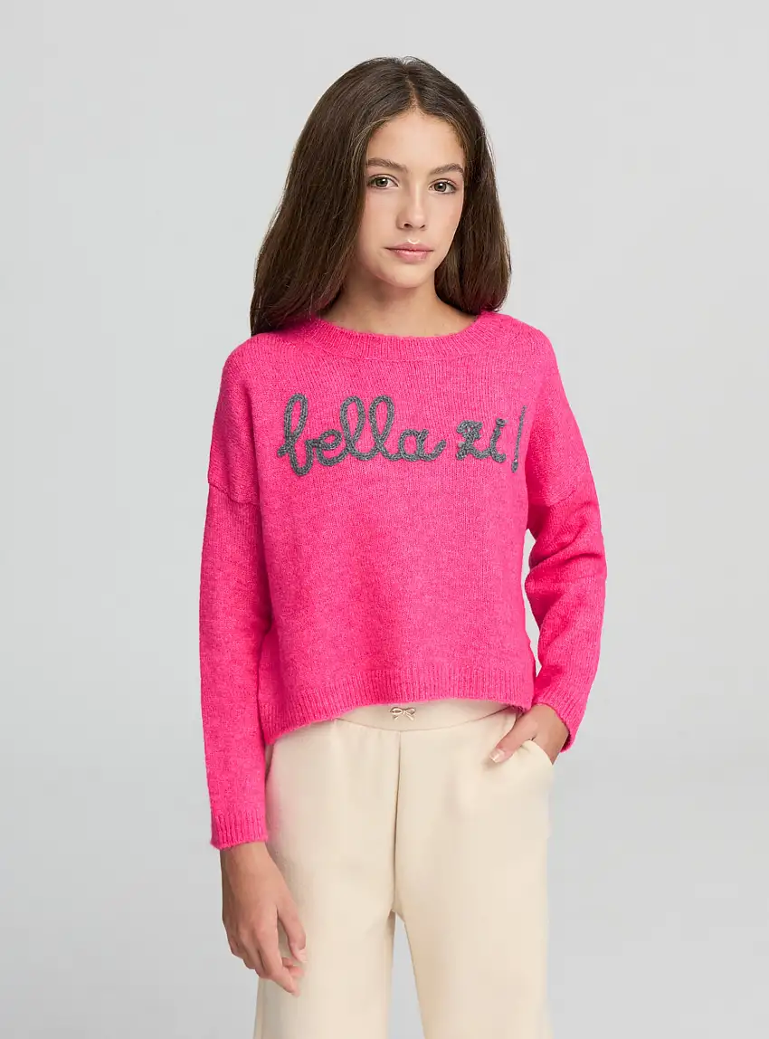 Maglia girocollo con scritta ricamata Fucsia