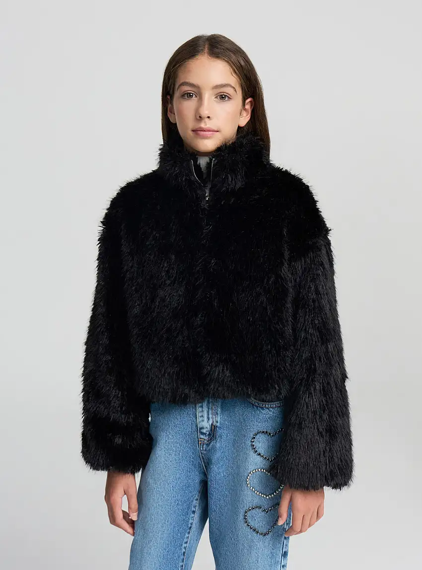 Giacca crop effetto pelo Nero