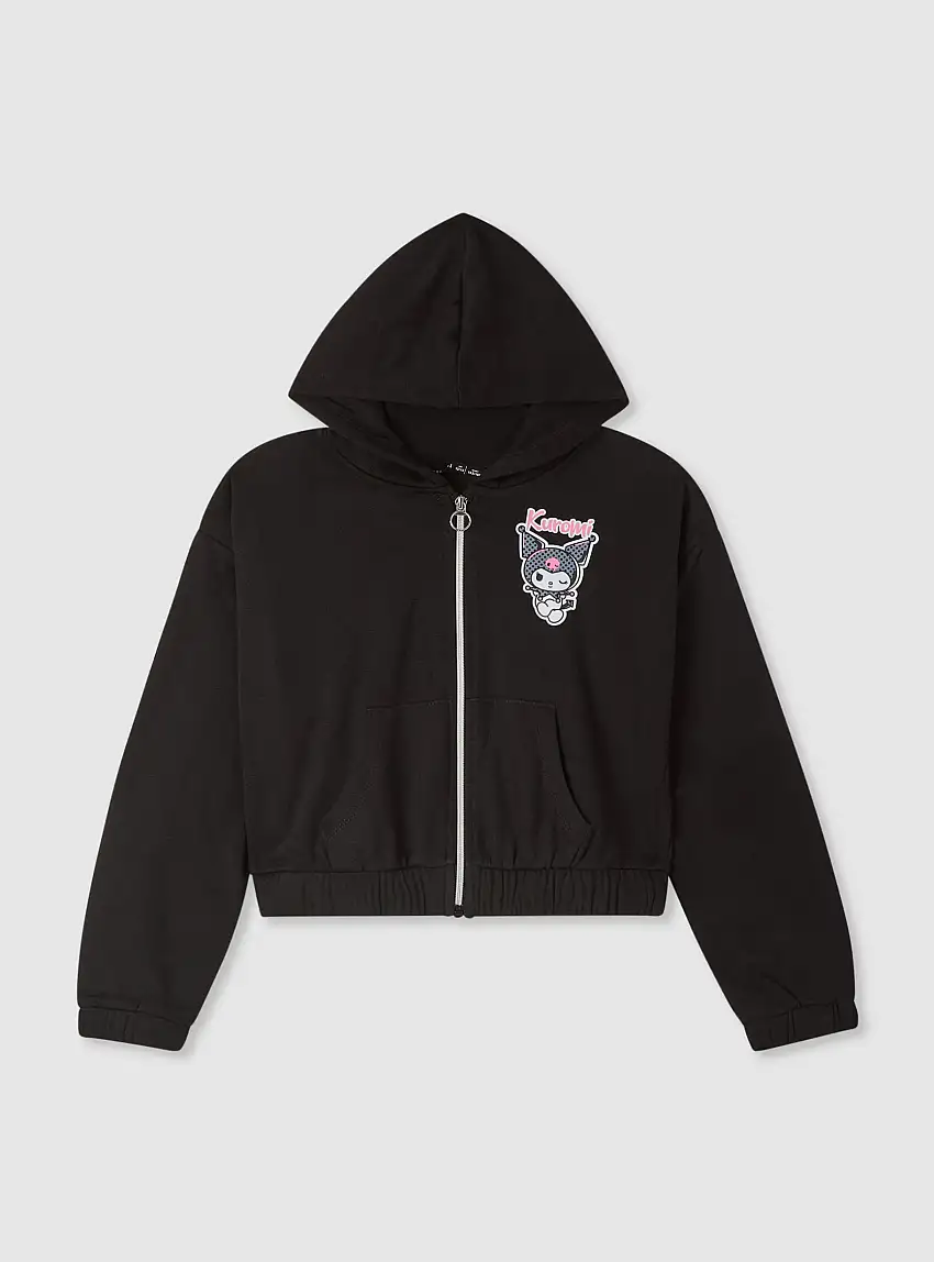 Felpa crop con cappuccio con stampa Kuromi® Nero