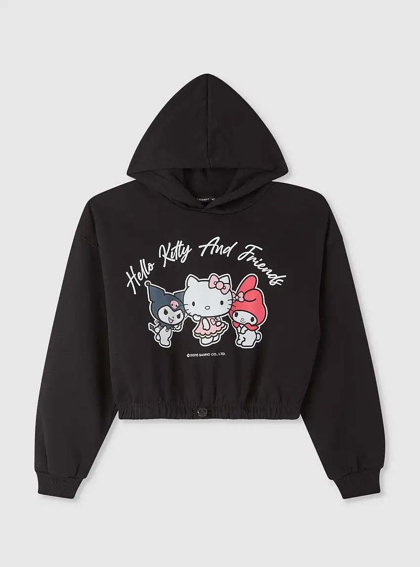 Felpa crop con cappuccio e stampa Hello Kitty® Nero