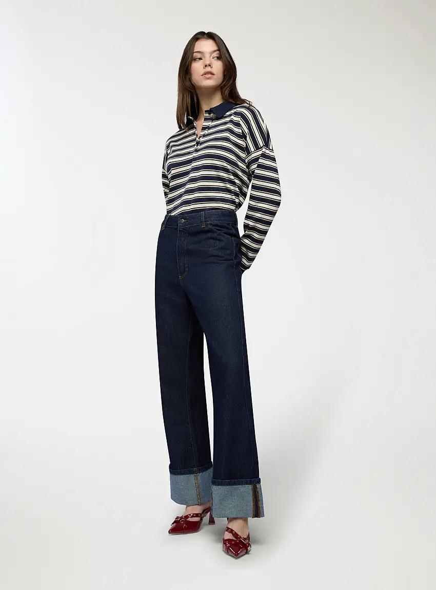 Jeans wide leg con risvolto Blu denim scuro