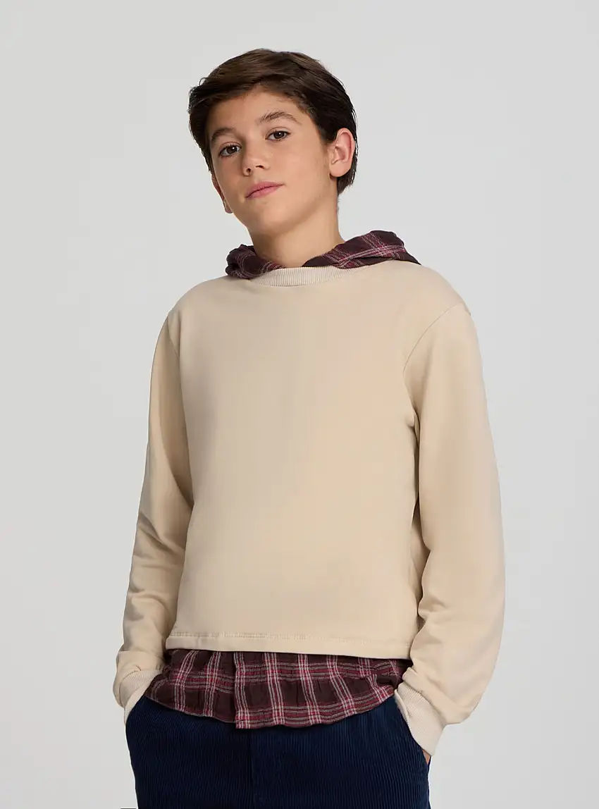 Felpa doppiata con cappuccio e inserto a quadri Beige