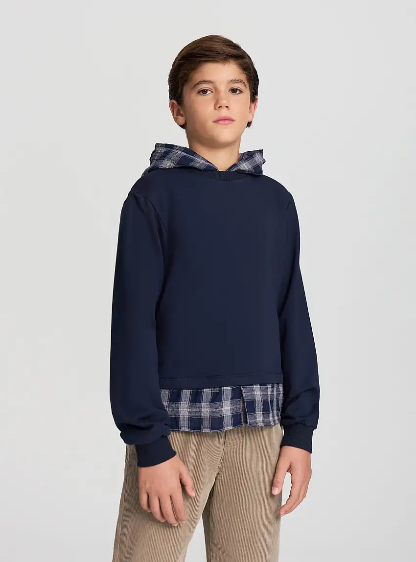 Felpa doppiata con cappuccio e inserto a quadri Blu