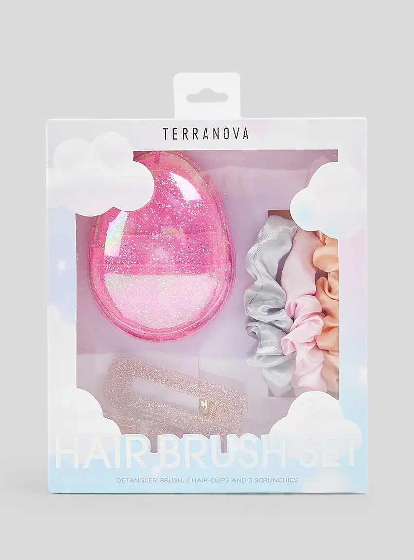 Set accessori capelli con spazzola, elastici e mollette