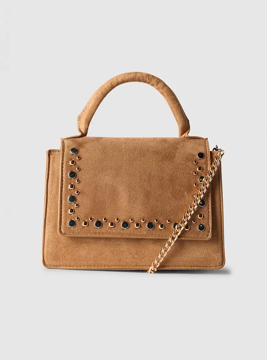 Borsa tracolla in similpelle con borchie Tabacco