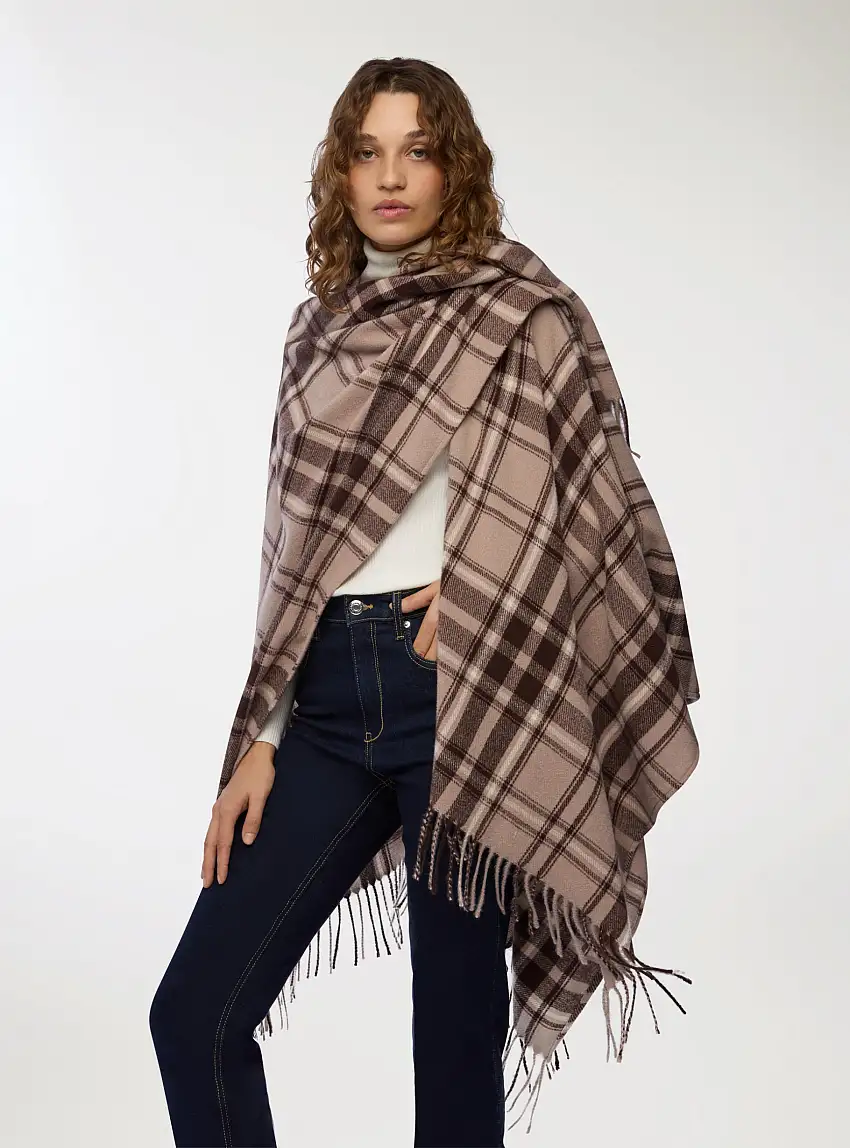 Poncho con motivo a quadri Var tortora