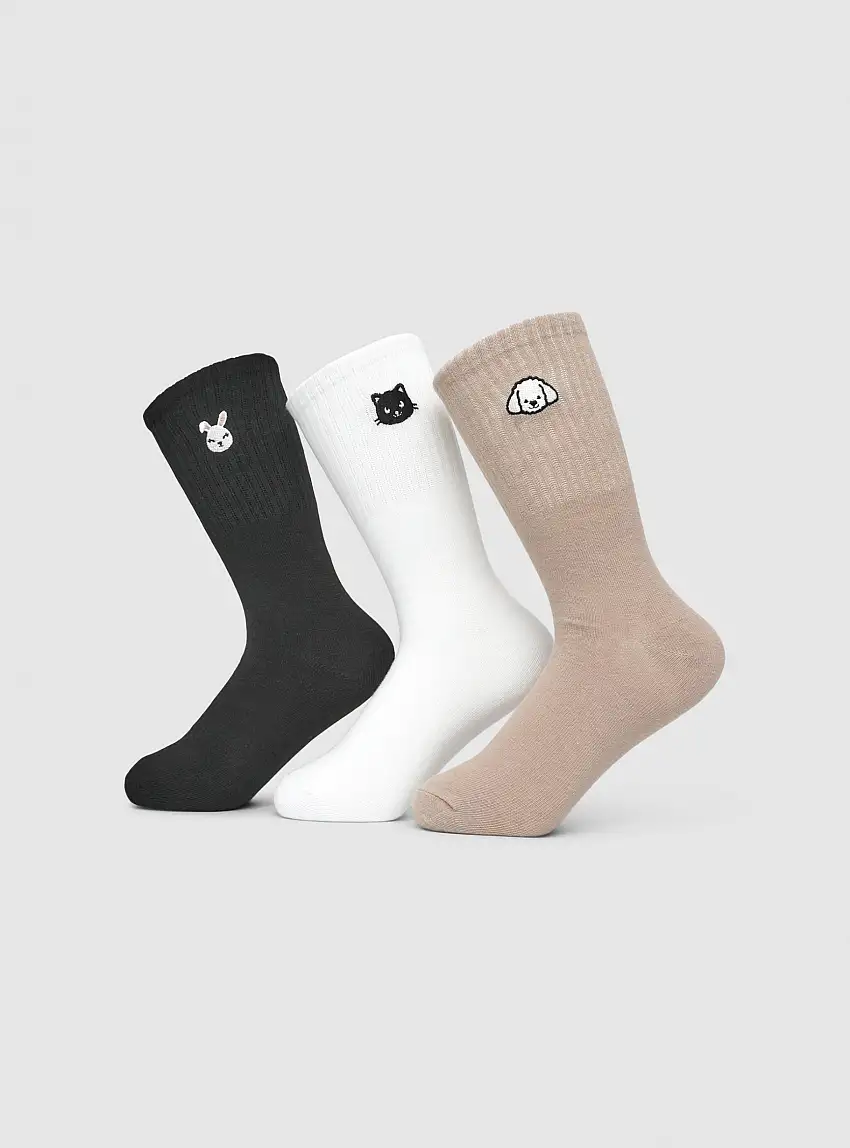 Pack 3 paia di calzini ricamati con animali Var tortora