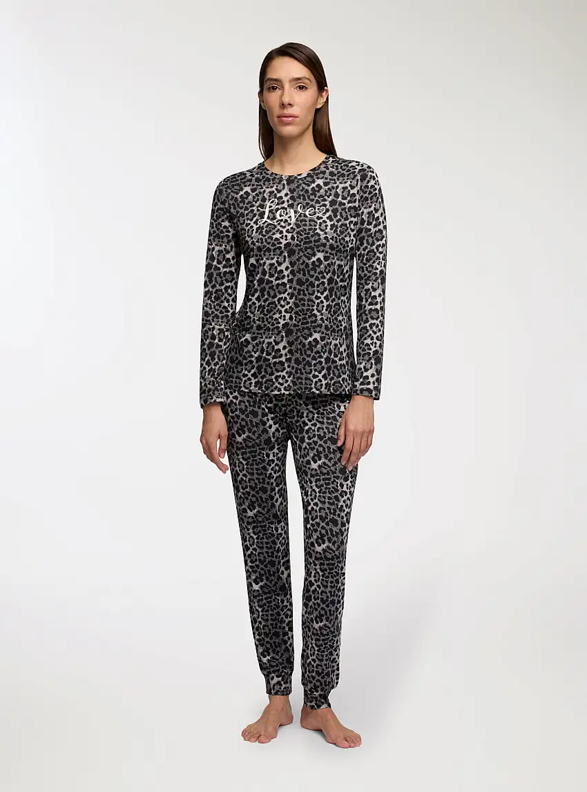 Set pigiama con scritta e fantasia animalier Var nero