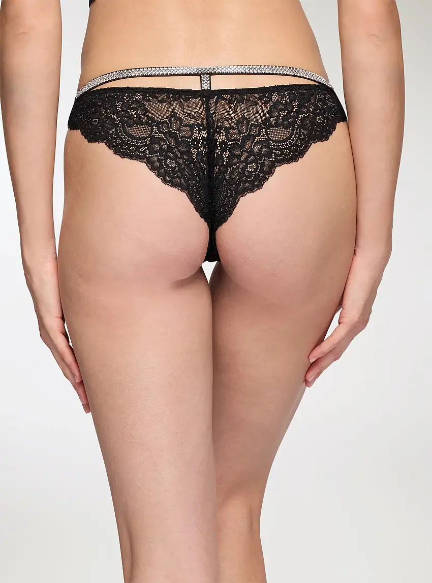 Brasiliana in pizzo con strass Nero