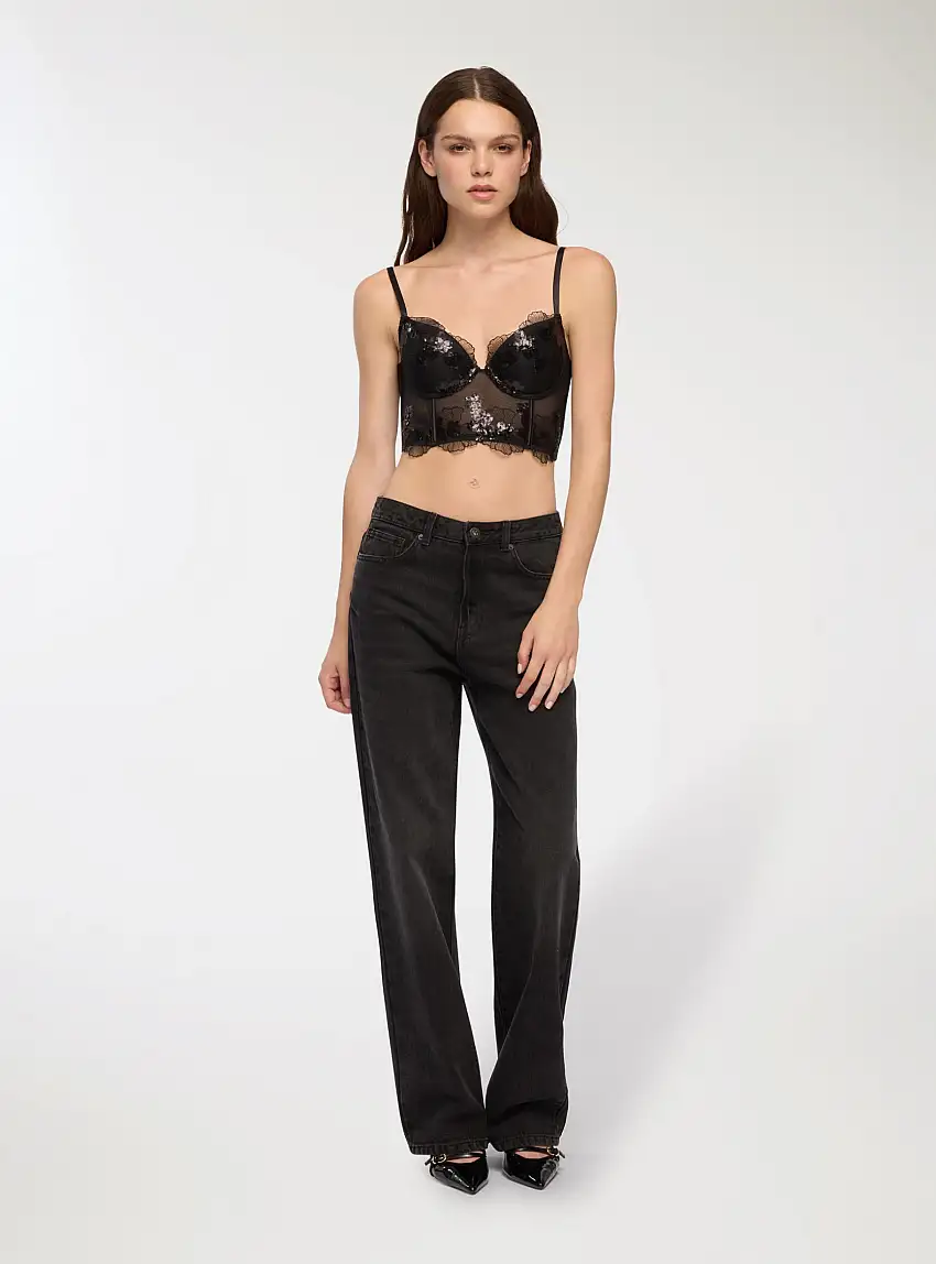 Bustier con tulle e paillettes Nero