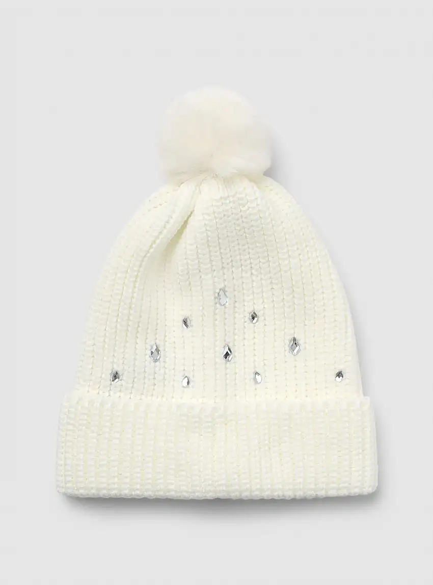 Berretto con pon pon e applicazioni luminose Bianco lana