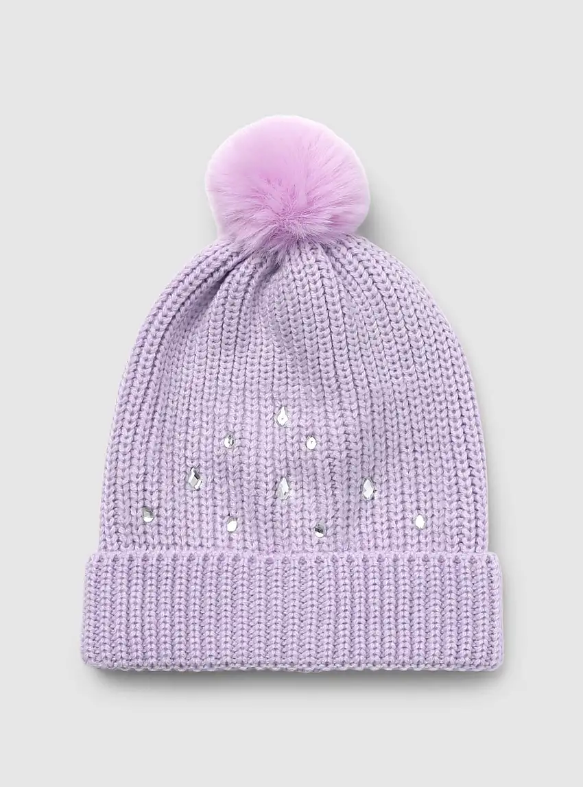 Berretto con pon pon e applicazioni luminose Lilla scuro