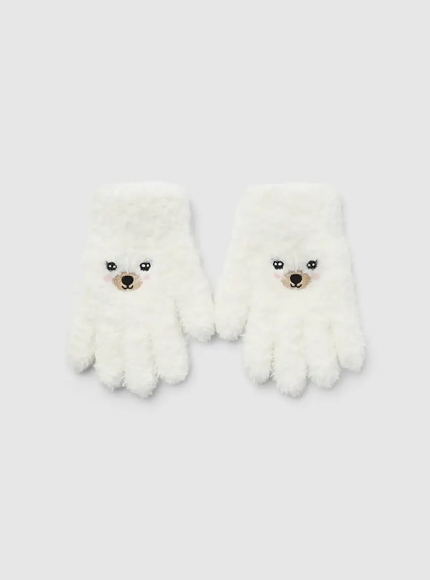 Guanti con motivo animaletto Bianco lana