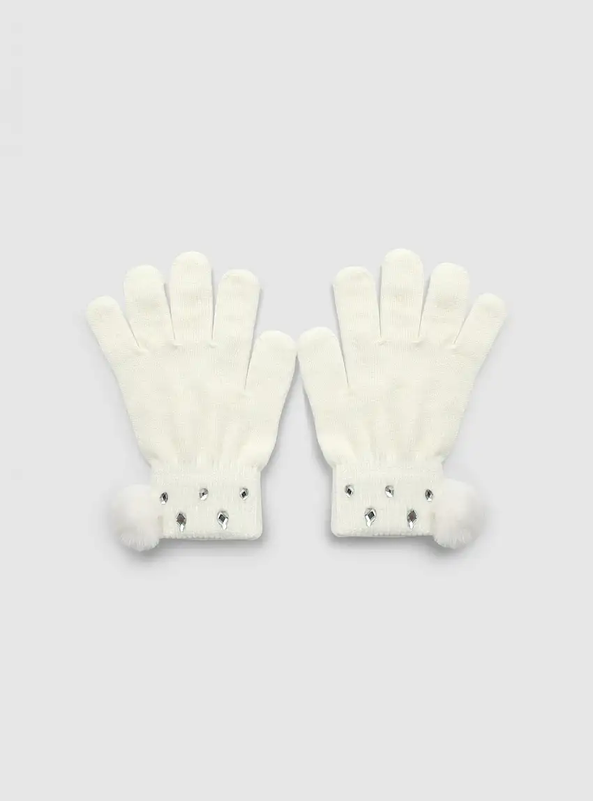 Guanti con pompon e applicazioni Bianco lana
