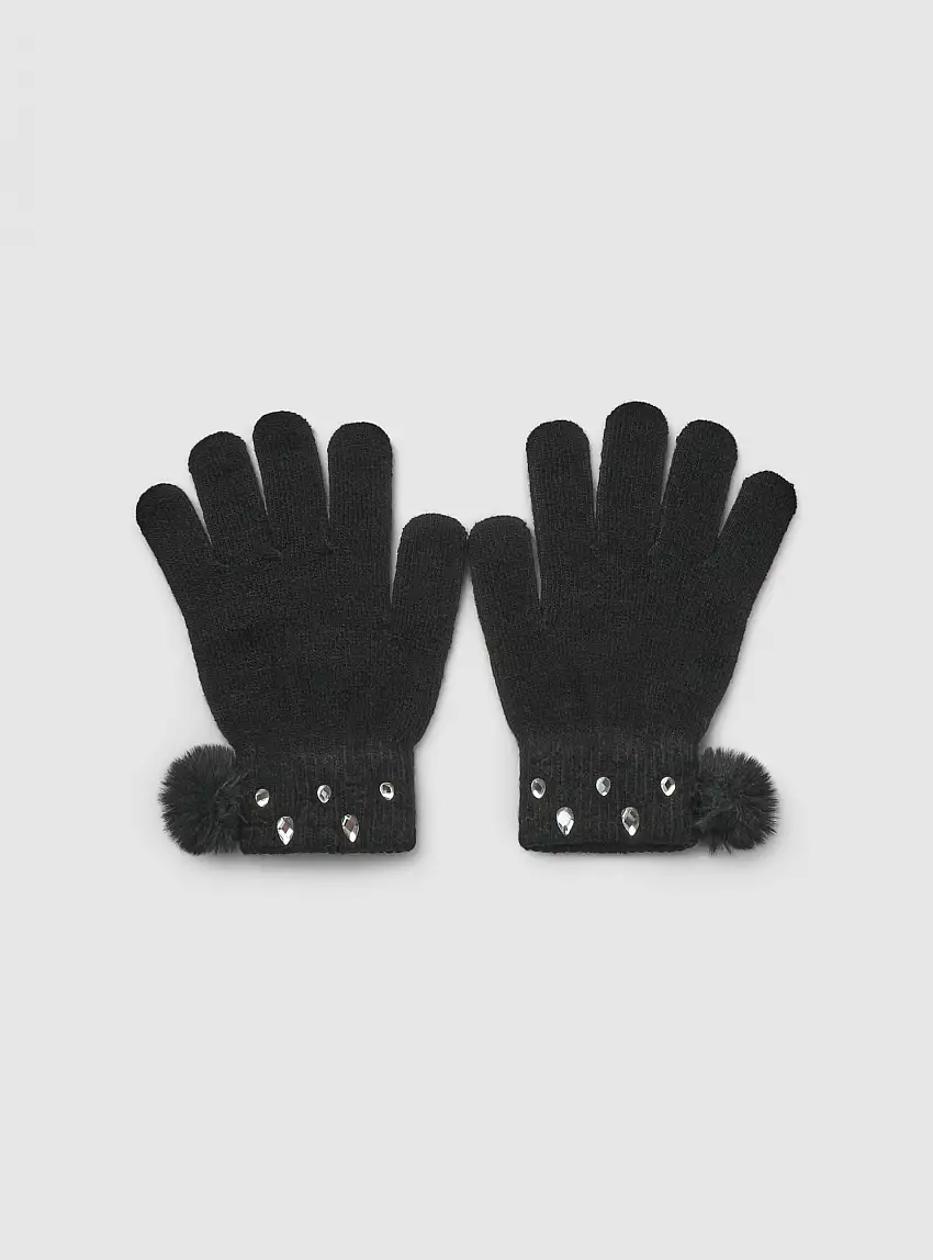 Guanti con pompon e applicazioni Nero