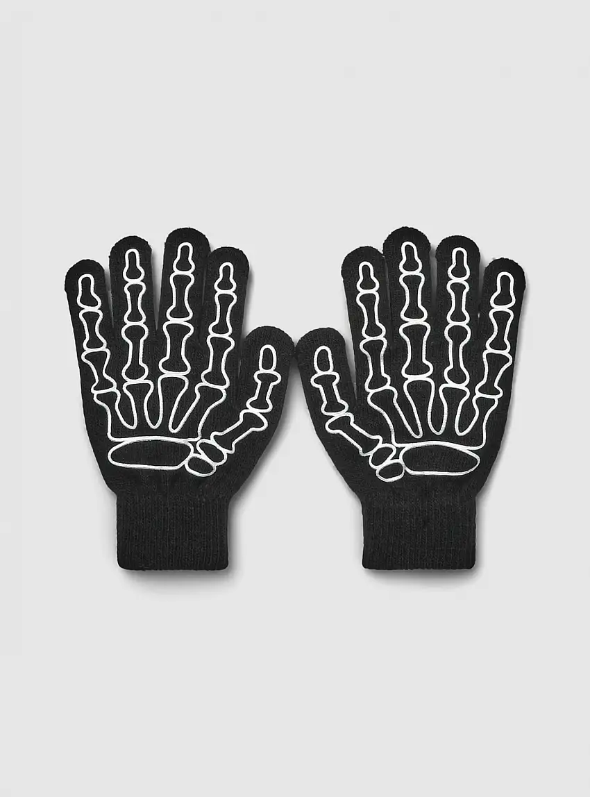 Guanti con stampa ossa fluorescenti Nero