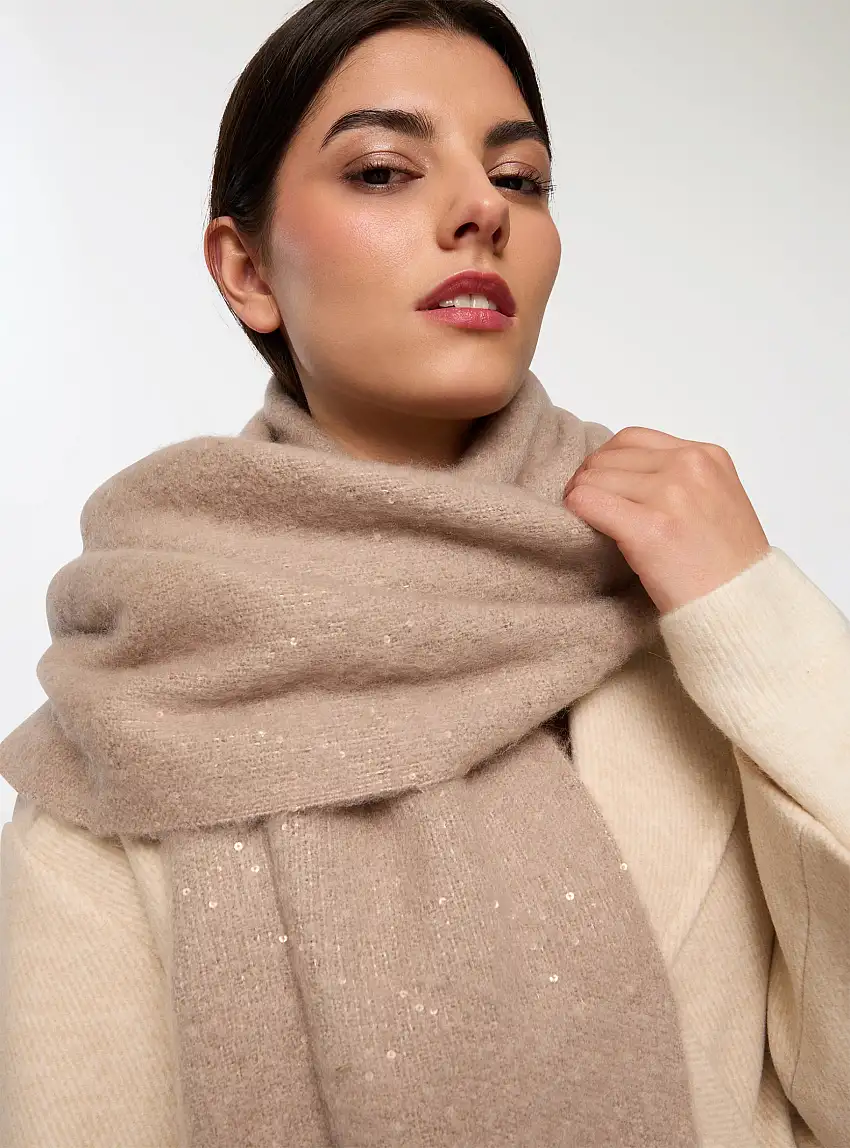 Sciarpa con frange e paillettes Tortora
