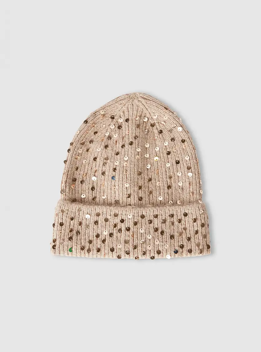 Cappellino beanie con paillettes Tortora