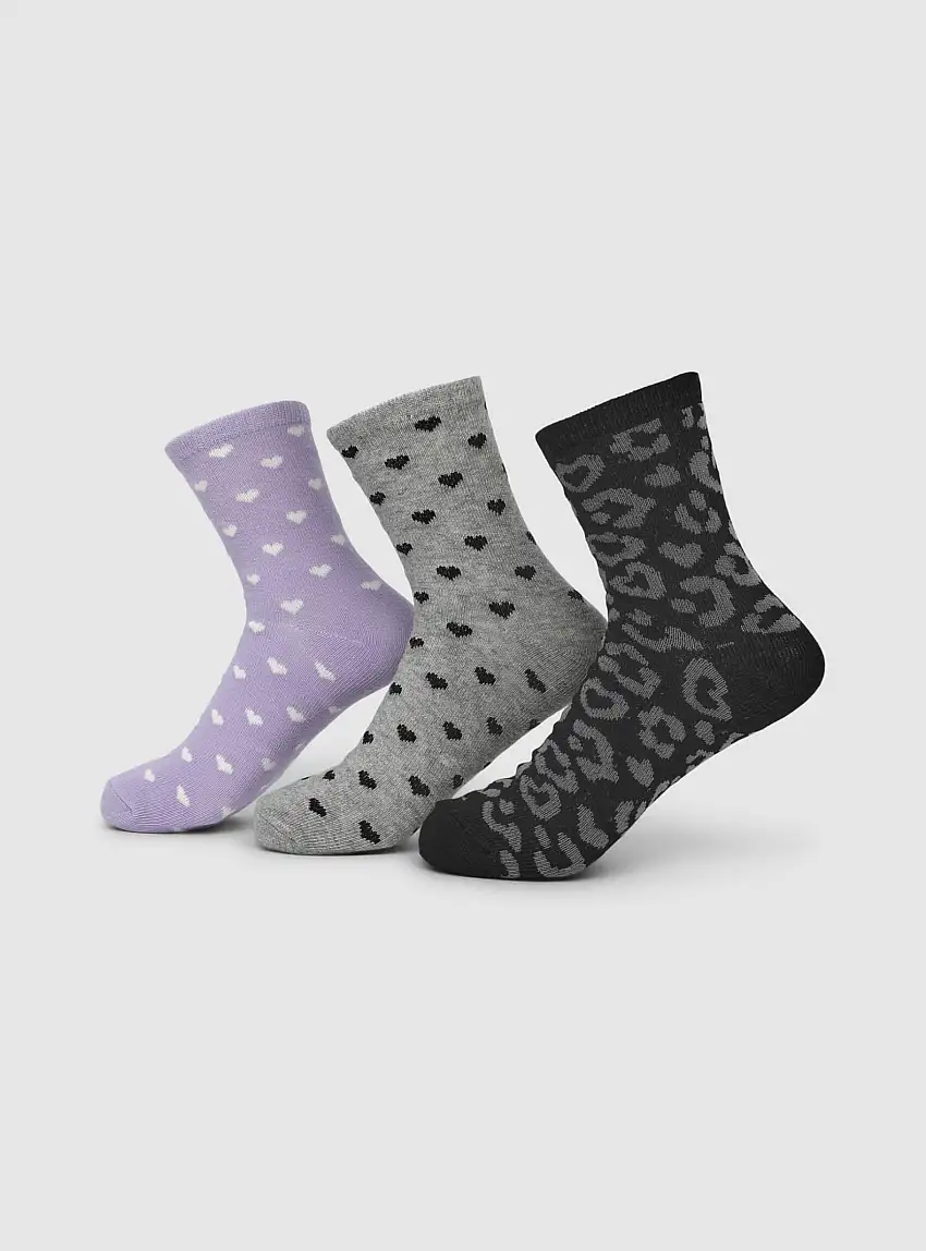 Pack 3 calzini fantasia con cuori e animalier Lilla scuro