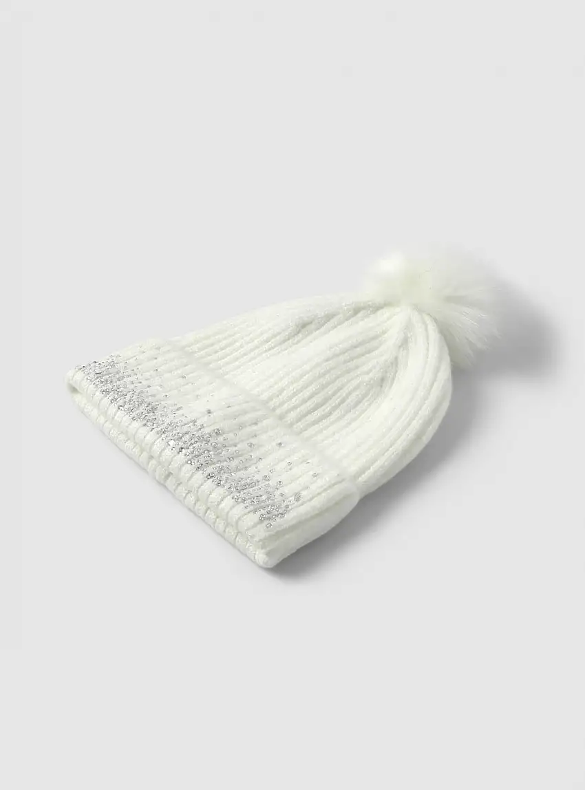 Berretto a coste con pon pon e strass Bianco lana