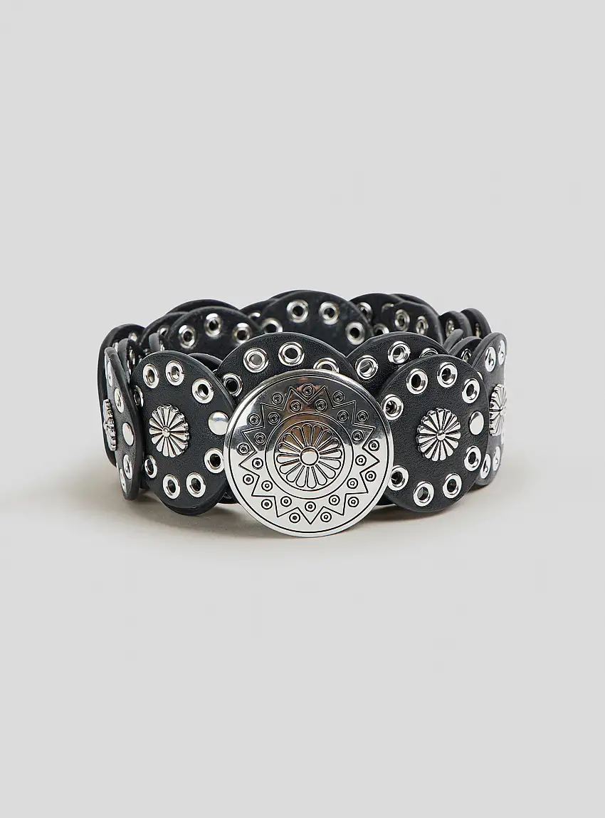 Cintura alta con dettagli traforati e borchie Nero