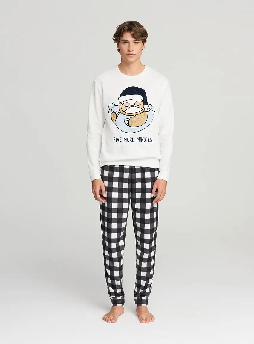 Set pigiama con bradipo e pantaloni a quadri Bianco lana