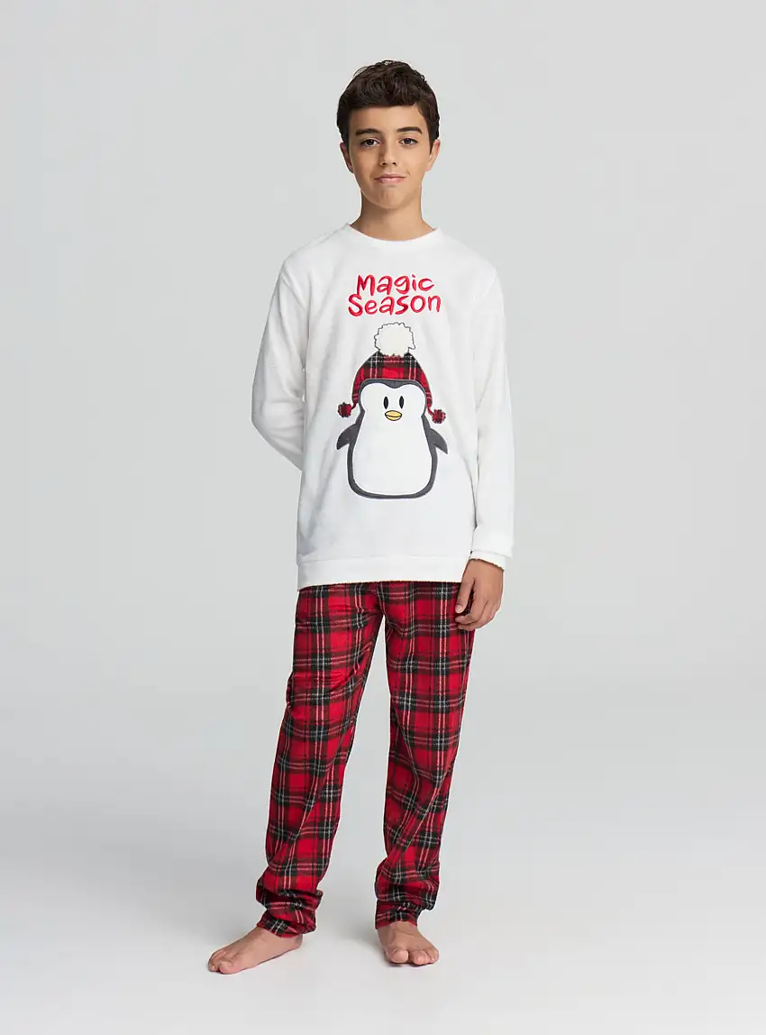 Pigiama con pinguino e pantaloni a quadri Bianco lana