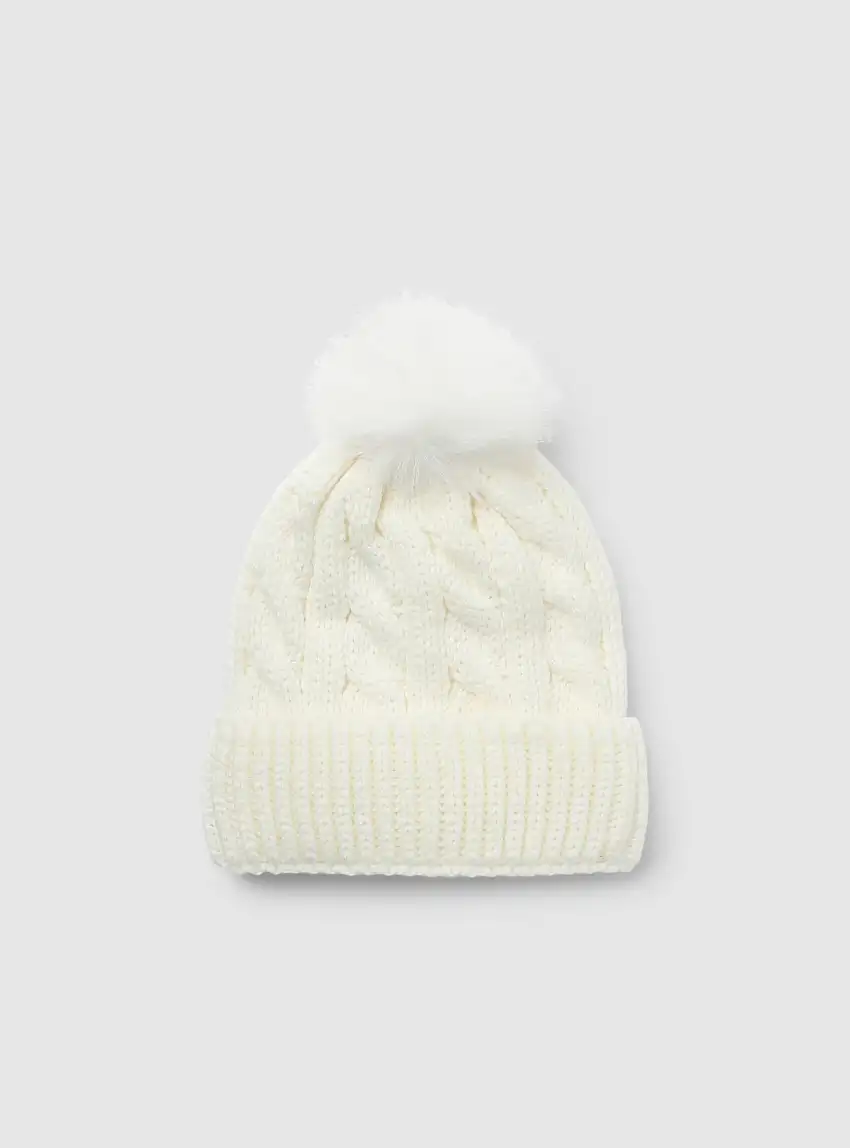 Berretto a treccia con pompon Bianco lana