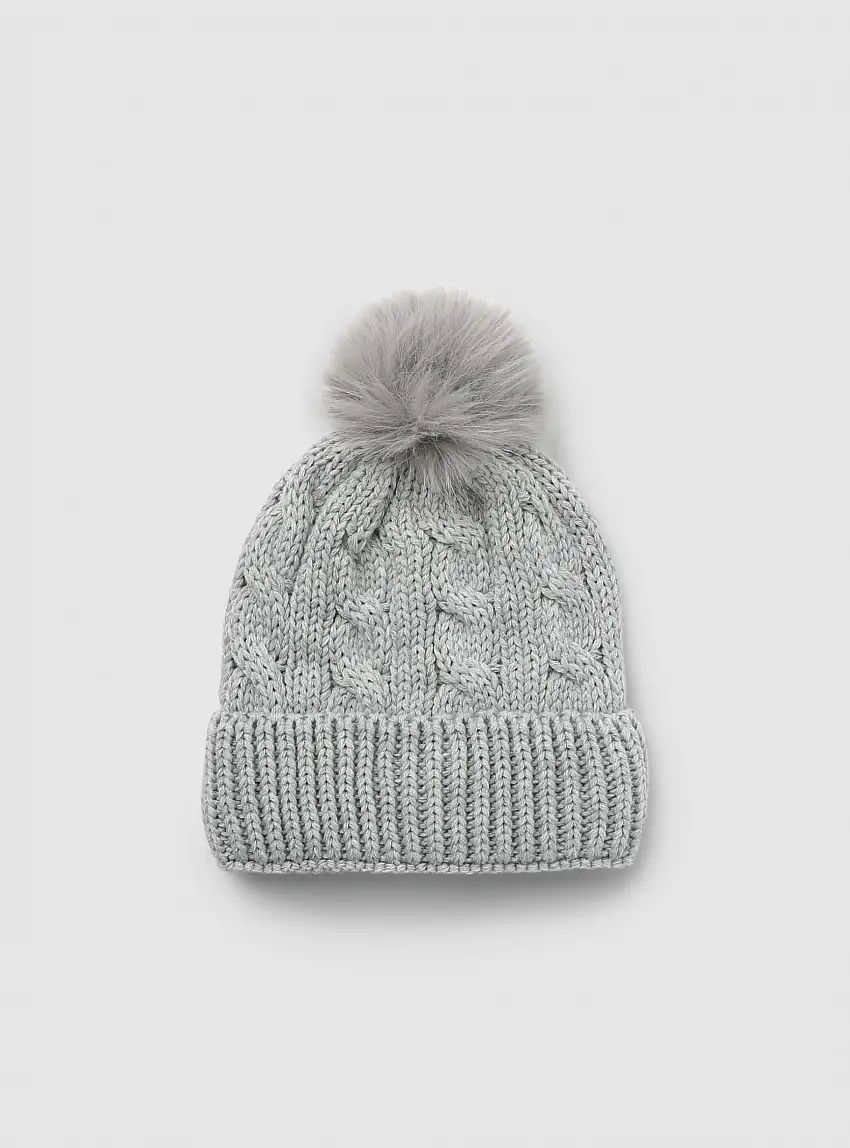 Berretto a treccia con pompon Grigio chiaro melange