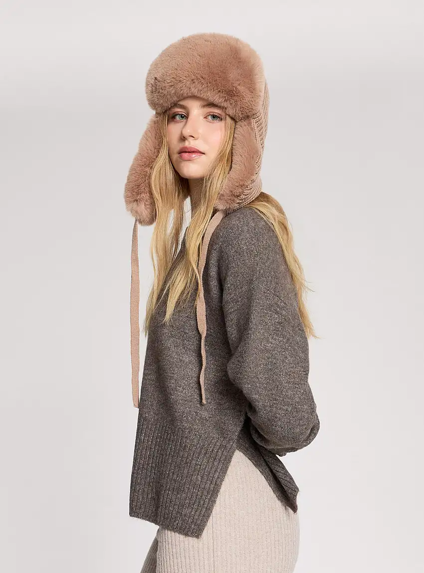 Berretto aviatore con similpelliccia Beige