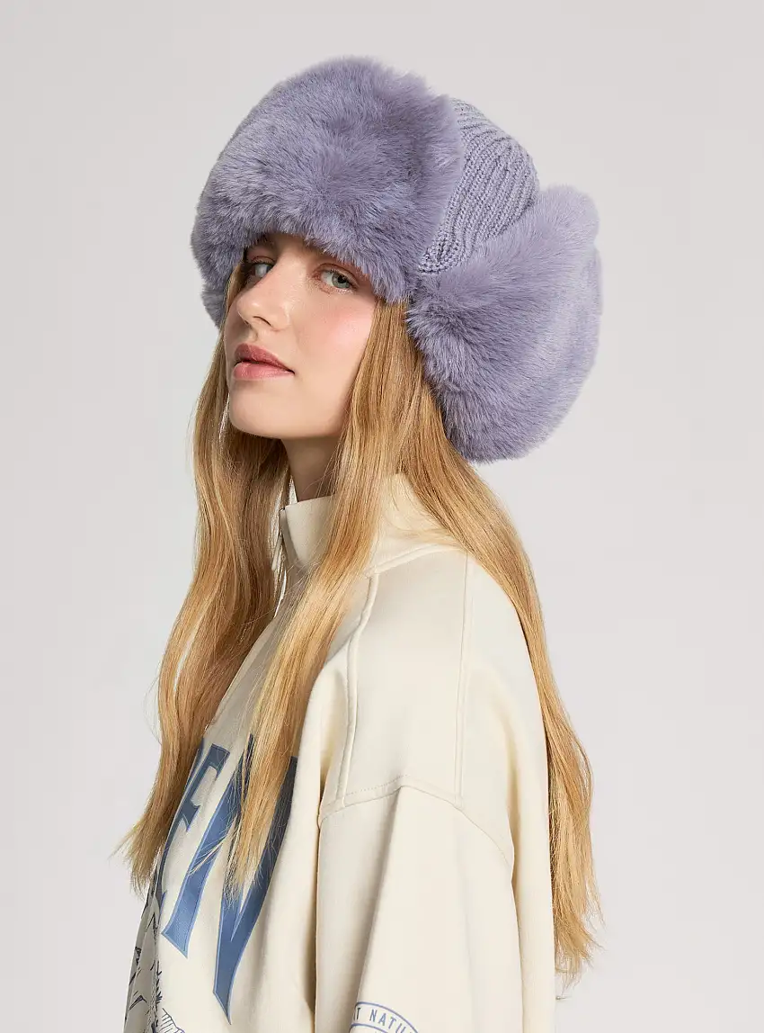 Berretto aviatore con similpelliccia Blu denim