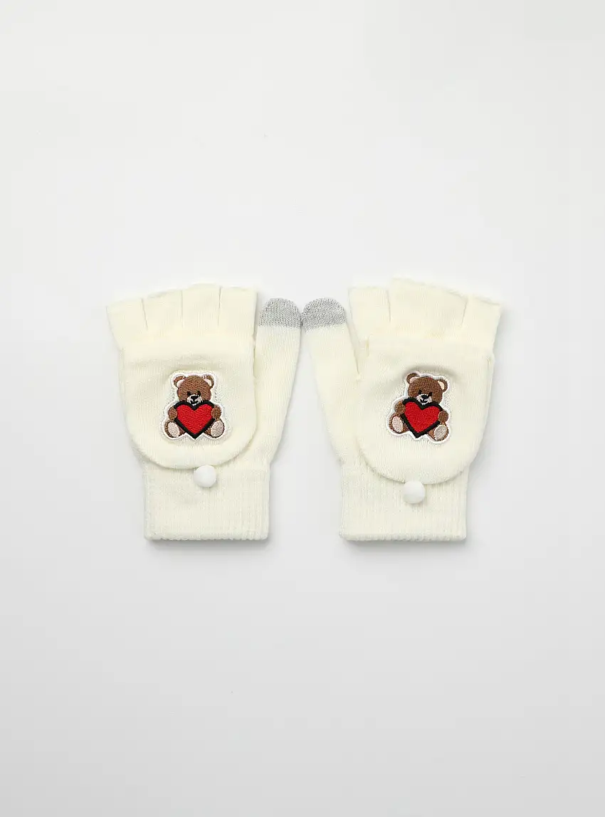 Guanti manopola senza dita con ricamo orsetto Bianco lana
