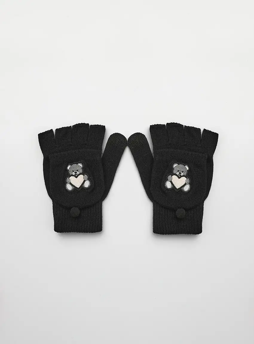 Guanti manopola senza dita con ricamo orsetto Nero