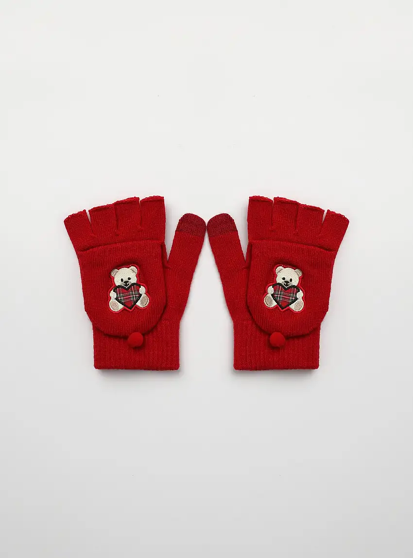 Guanti manopola senza dita con ricamo orsetto Rosso