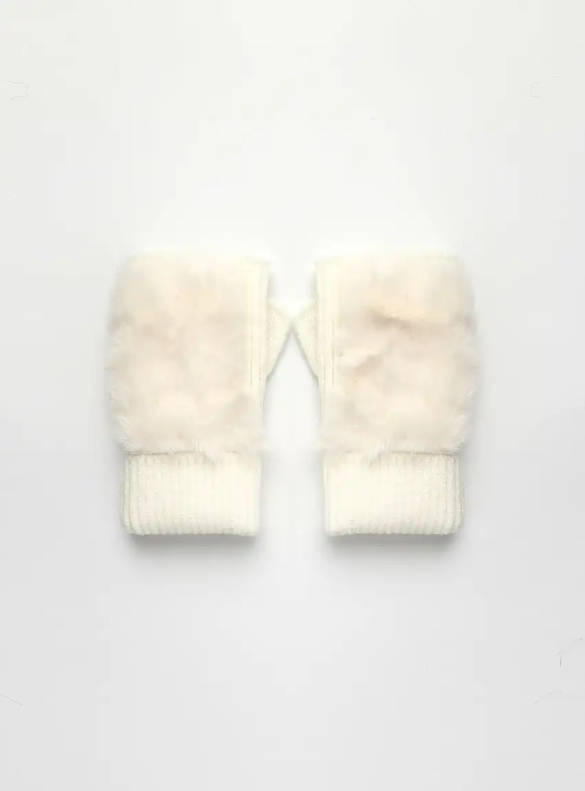 Guanti senza dita con inserto peloso Bianco lana