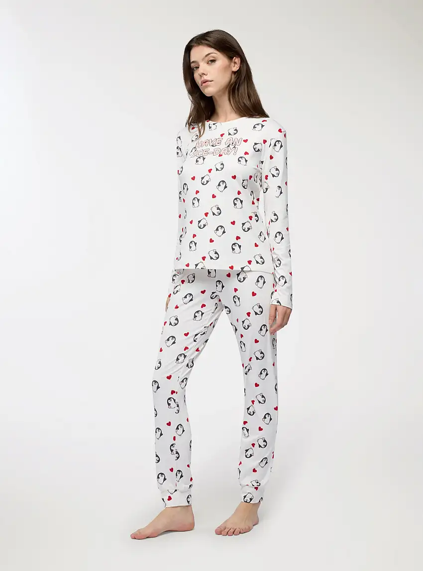 Pigiama con stampa pinguini Var bianco lana