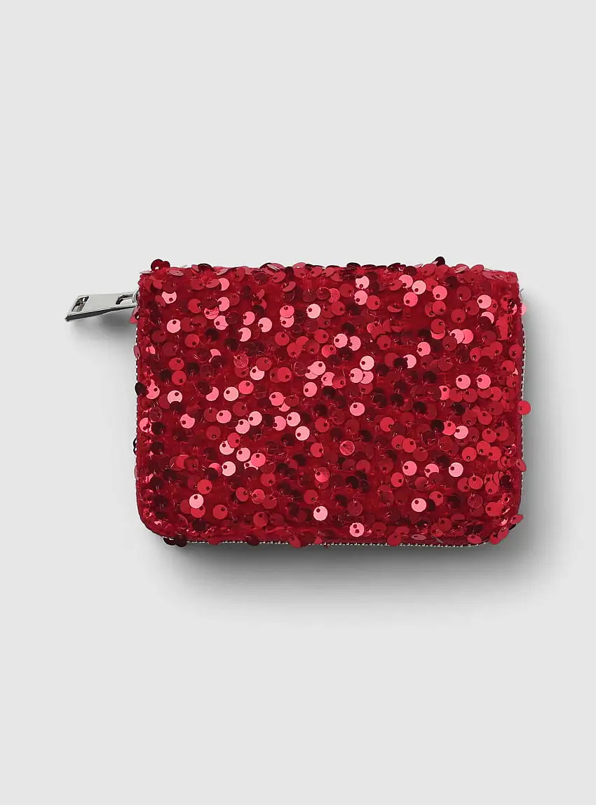 Portafoglio effetto velluto con paillettes Rosso