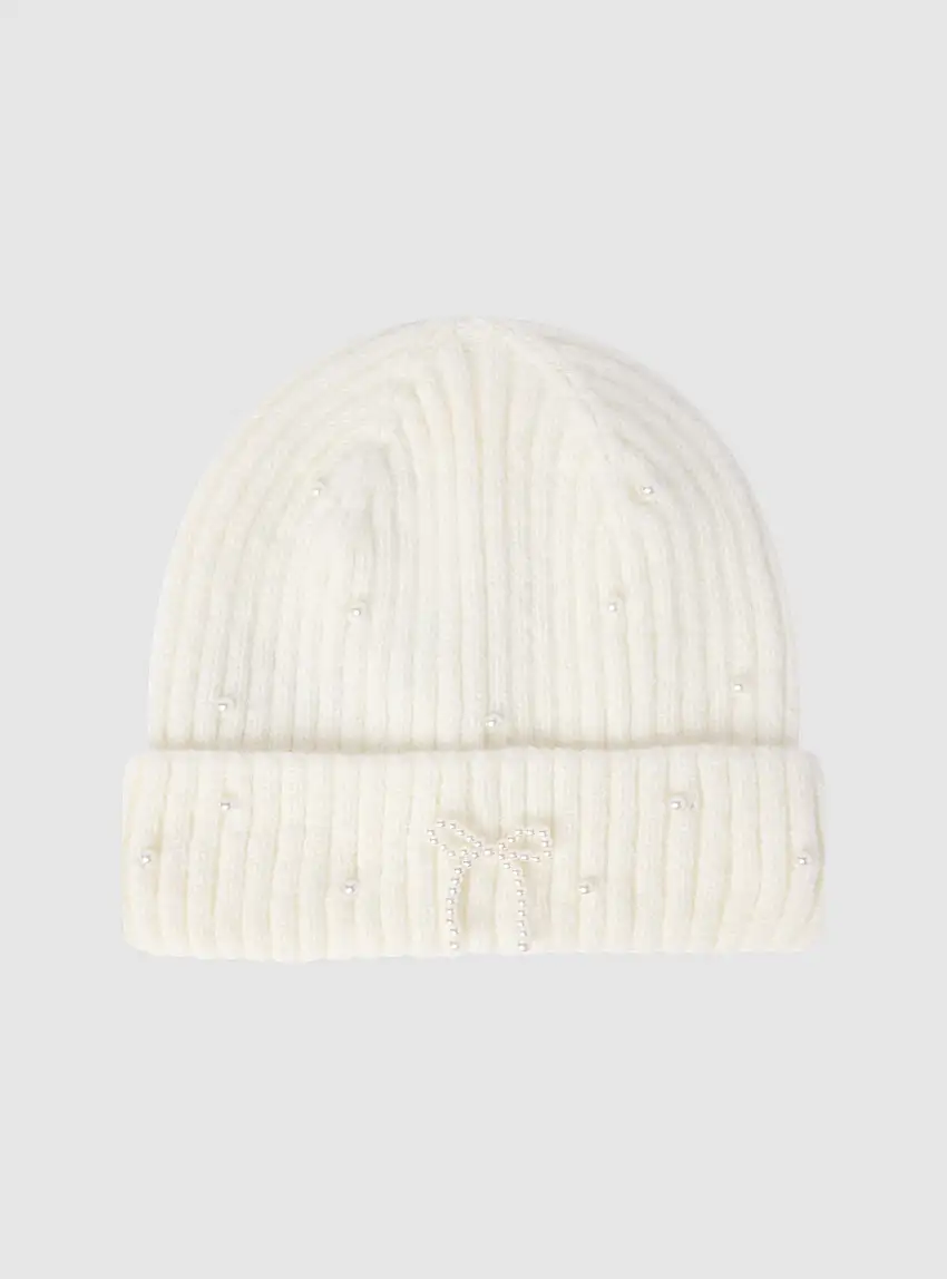 Berretto con perle decorative Bianco lana
