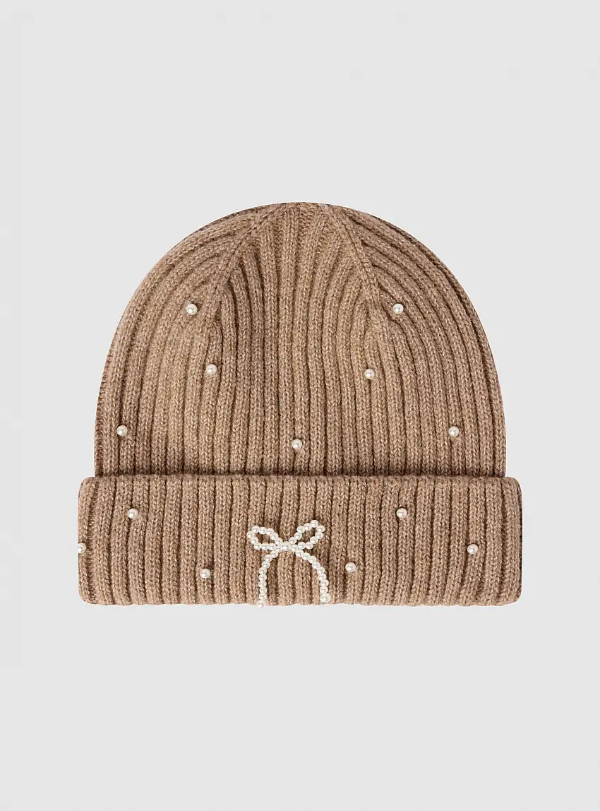 Berretto con perle decorative Tortora