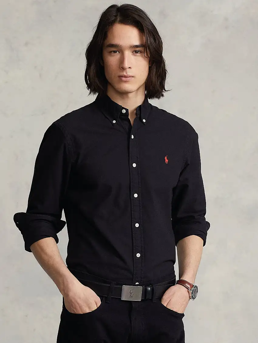 Camicia Oxford Tinta in Capo Slim Fit Nero