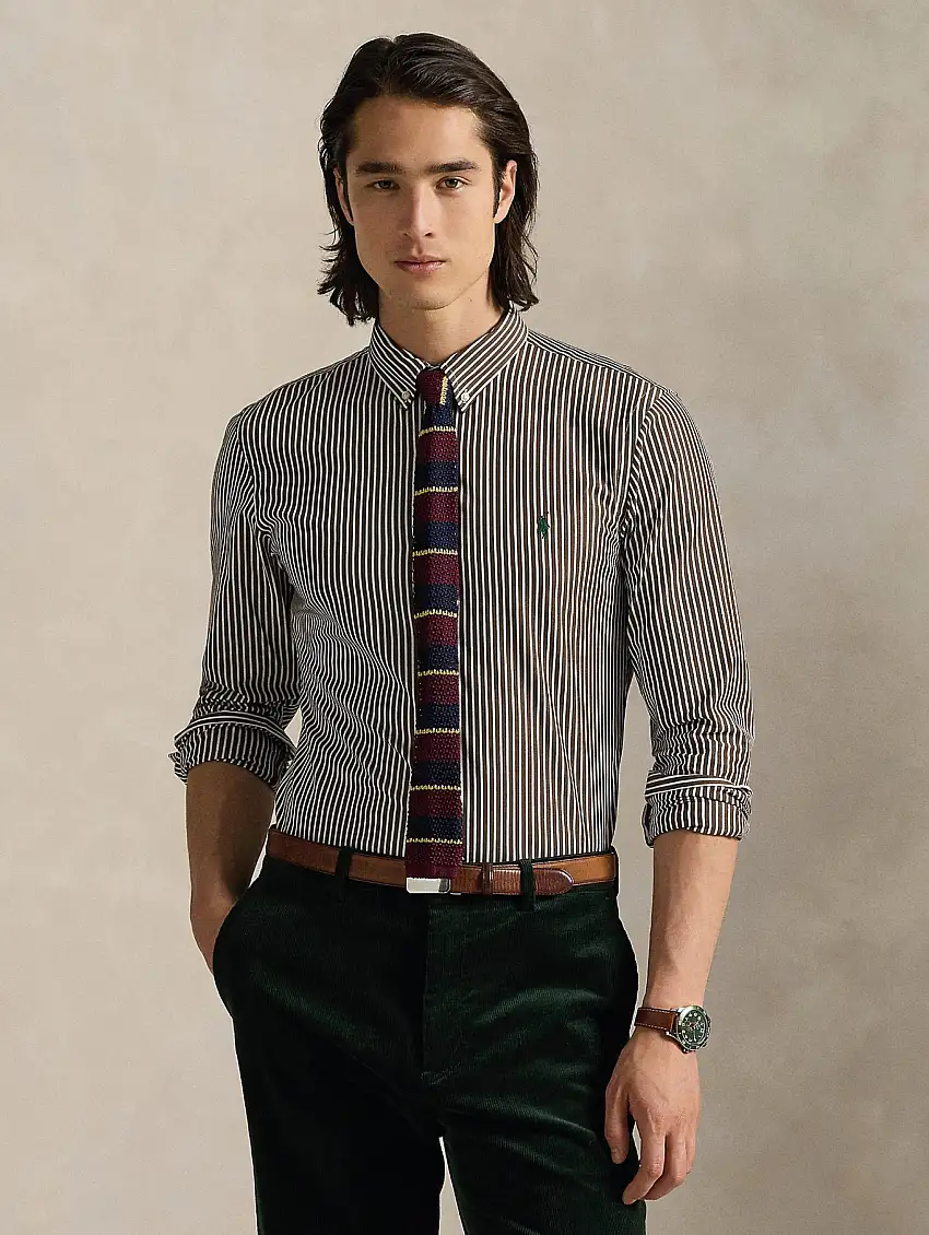 Camicia in Popeline Stretch a Righe Marrone/Bianco