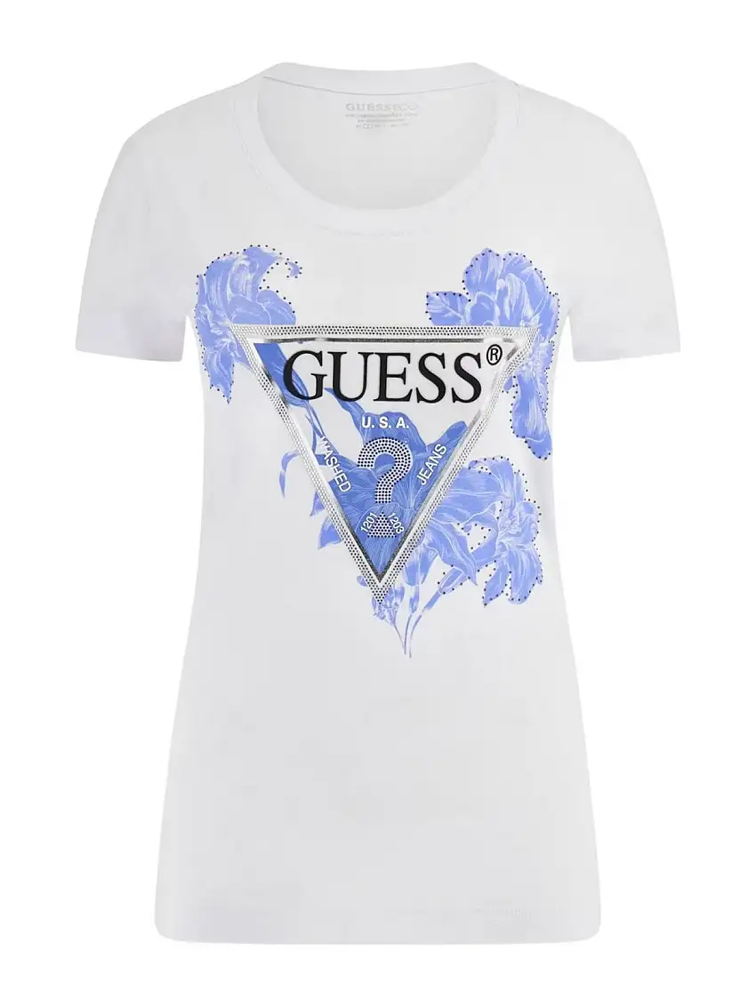 GUESS Women's T-shirt SS CN FLOWER TRIANGLE TEE W5GI08 J1314 G011 White