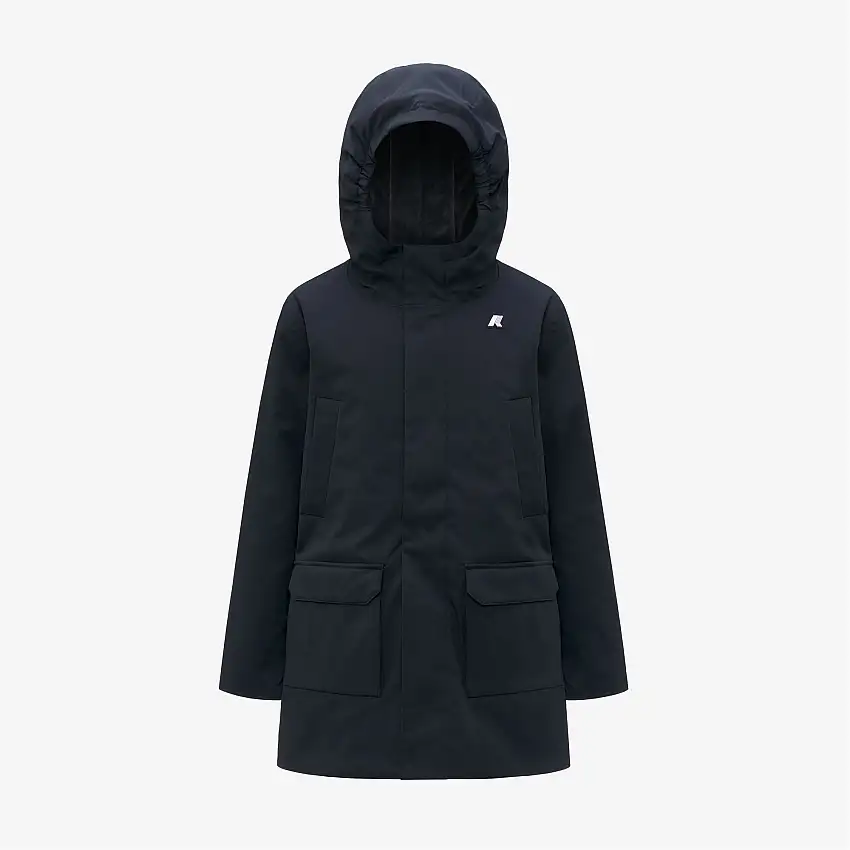 Giacca impermeabile di media lunghezza per ragazzo blu con imbottitura leggera