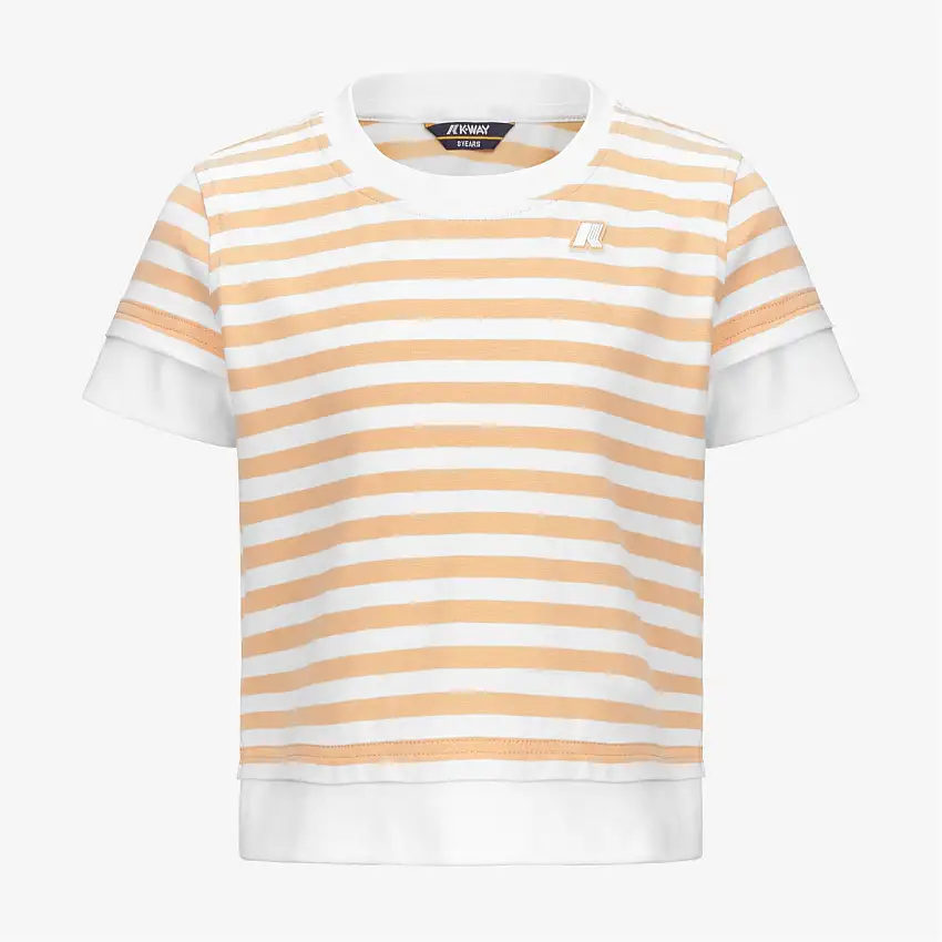 T-shirt a righe in cotone bianco-beige per bambina con orli a coste