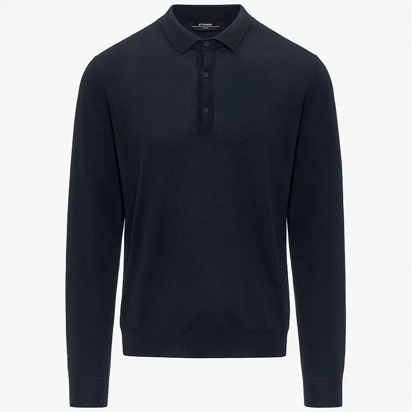Maglione polo da uomo in lana merino blu con polsini a coste