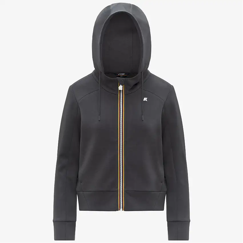 Giacca sportiva corta in pile grigio da donna con cappuccio